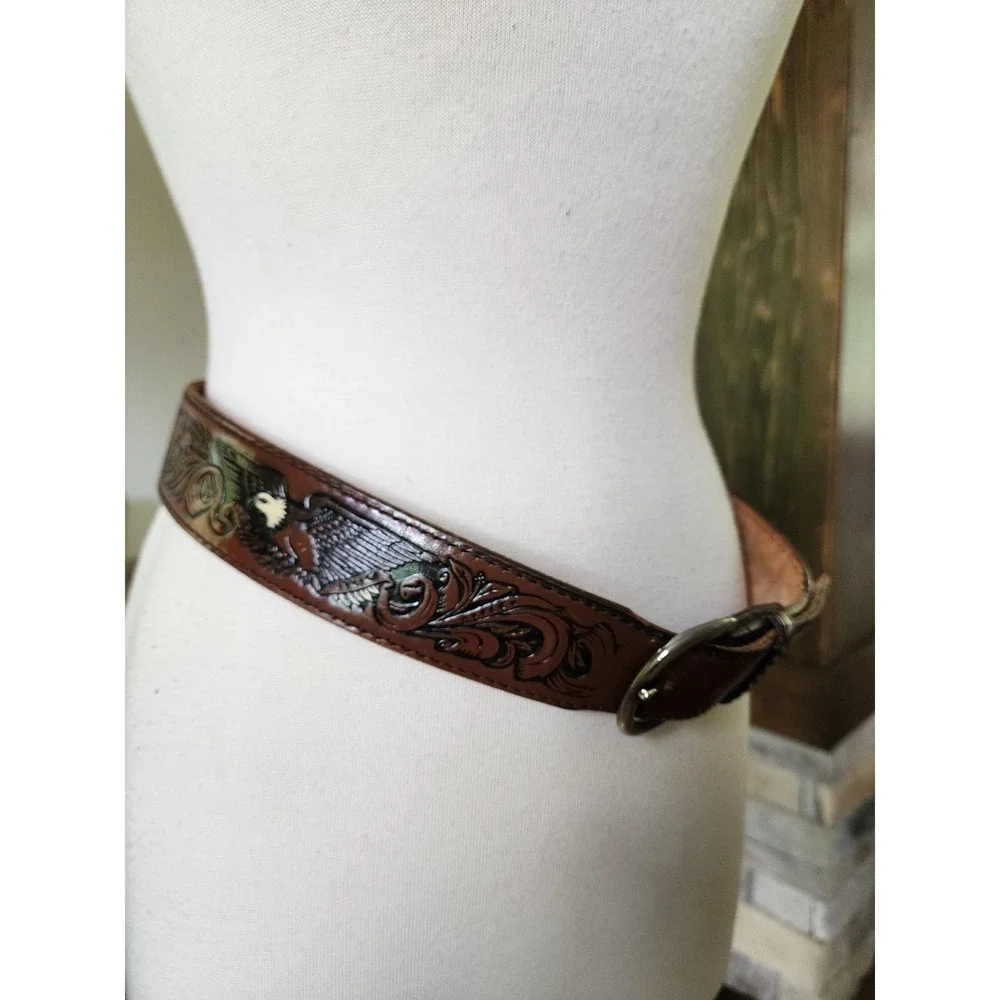 Vintage Mens Brown Tooled Leather Western Belt Eagle Floral Scroll Silver Buckle
